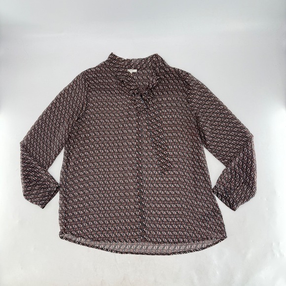 Pleione Womens XL Blue Red Geometric Print Tie Neck Chiffon Blouse Long Sleeve - Picture 5 of 7